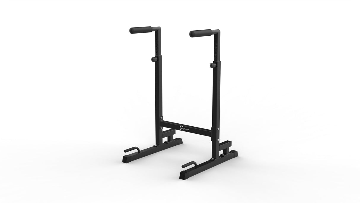 Sturdy black parallettes dip bars with textured grips and adjustable height, designed for strength training and bodyweight exercises