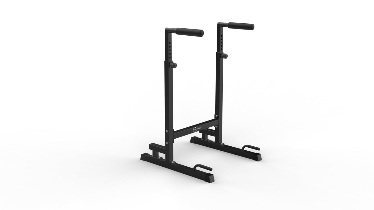 Sturdy black parallettes dip bars with textured grips, adjustable height, and a wide base for stability during workouts