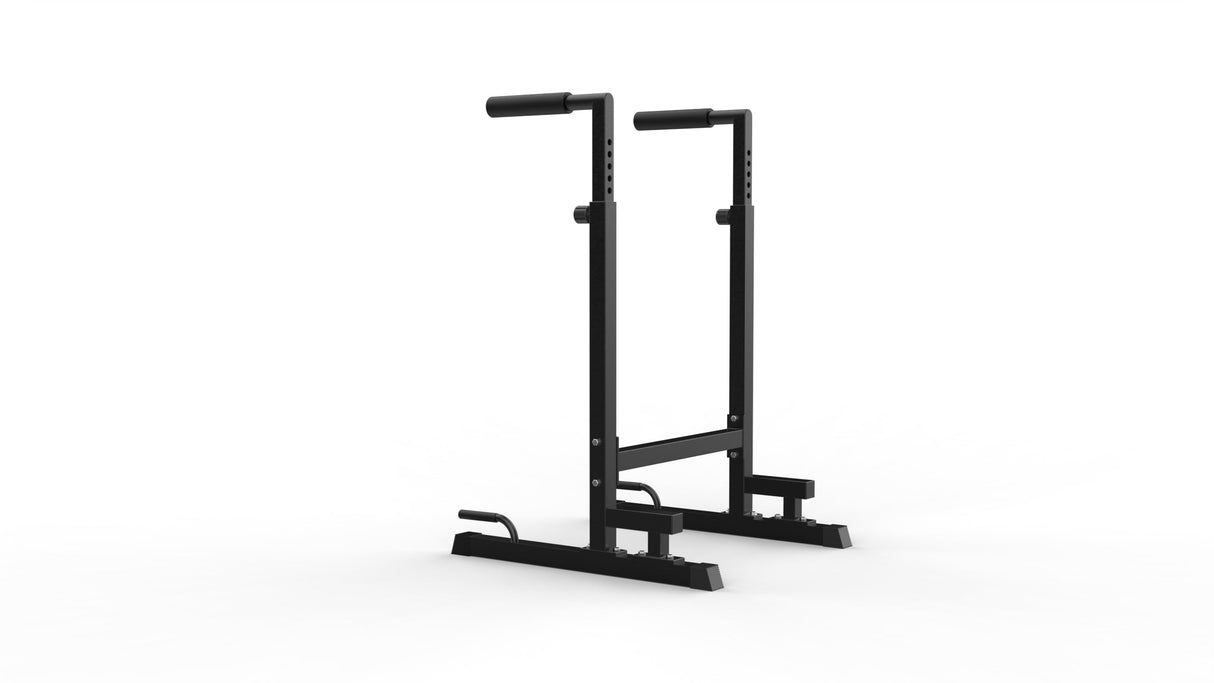Sturdy black parallettes dip bars with rubber grips, designed for bodyweight exercises, featuring a stable base and adjustable height