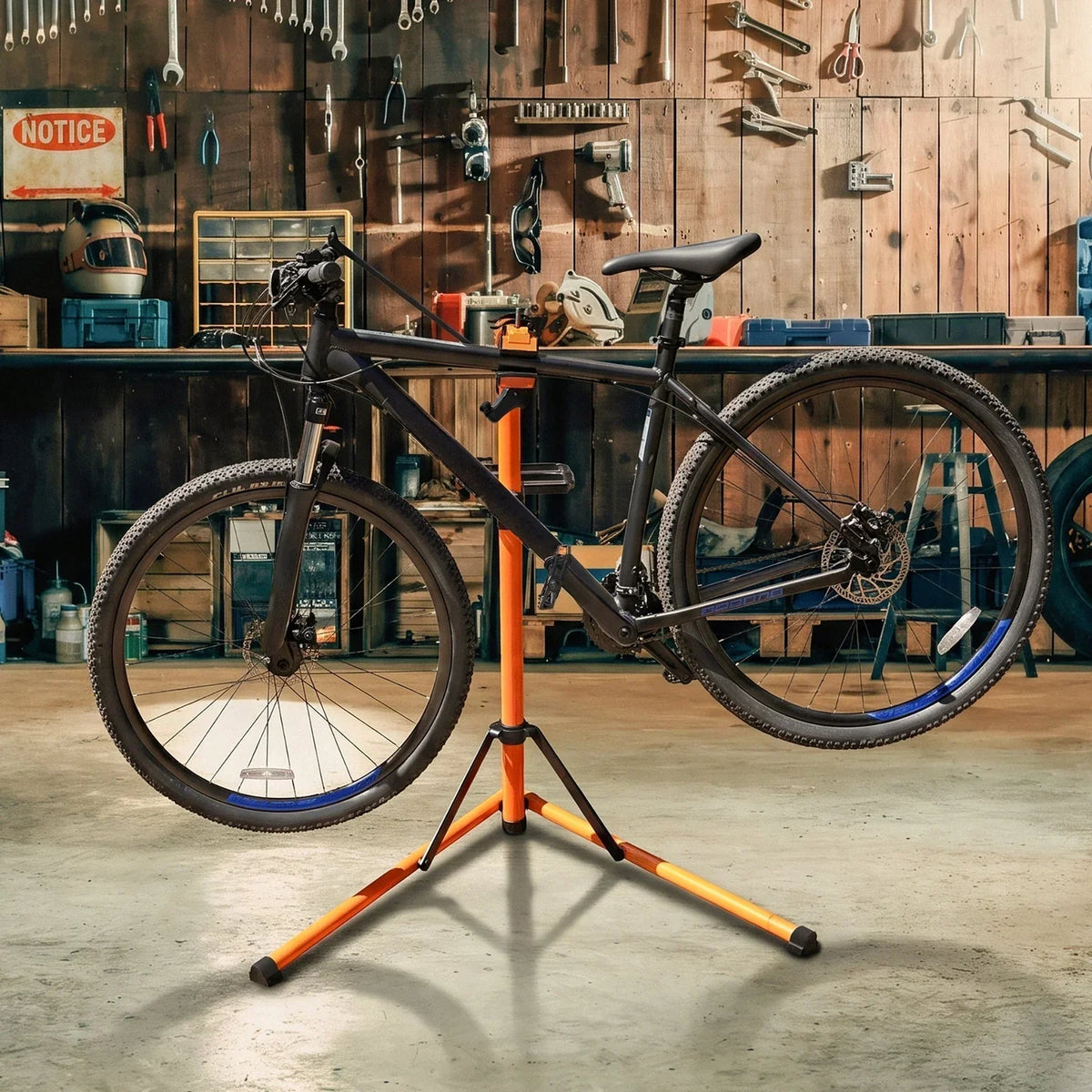 A black mountain bike on a sturdy orange repair stand, set against a rustic workshop backdrop with tools and shelves
