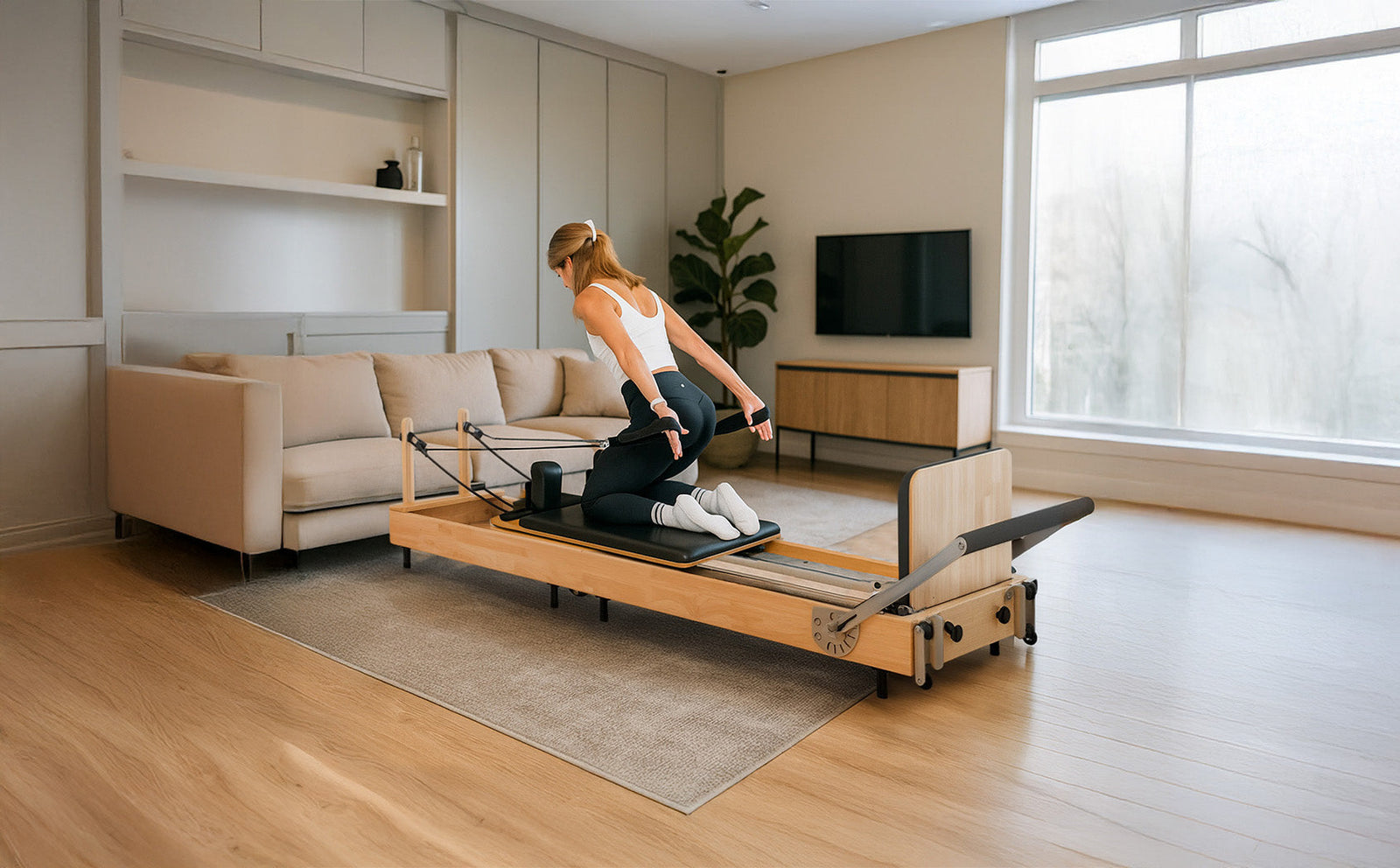 A woman performs Pilates on a wooden reformer in a modern, bright living room with a sofa and large window