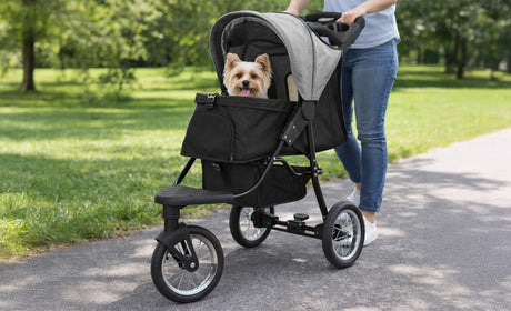 Stylish black pet jogger with a gray canopy, featuring a happy small dog inside, rolling on a path in a green park setting