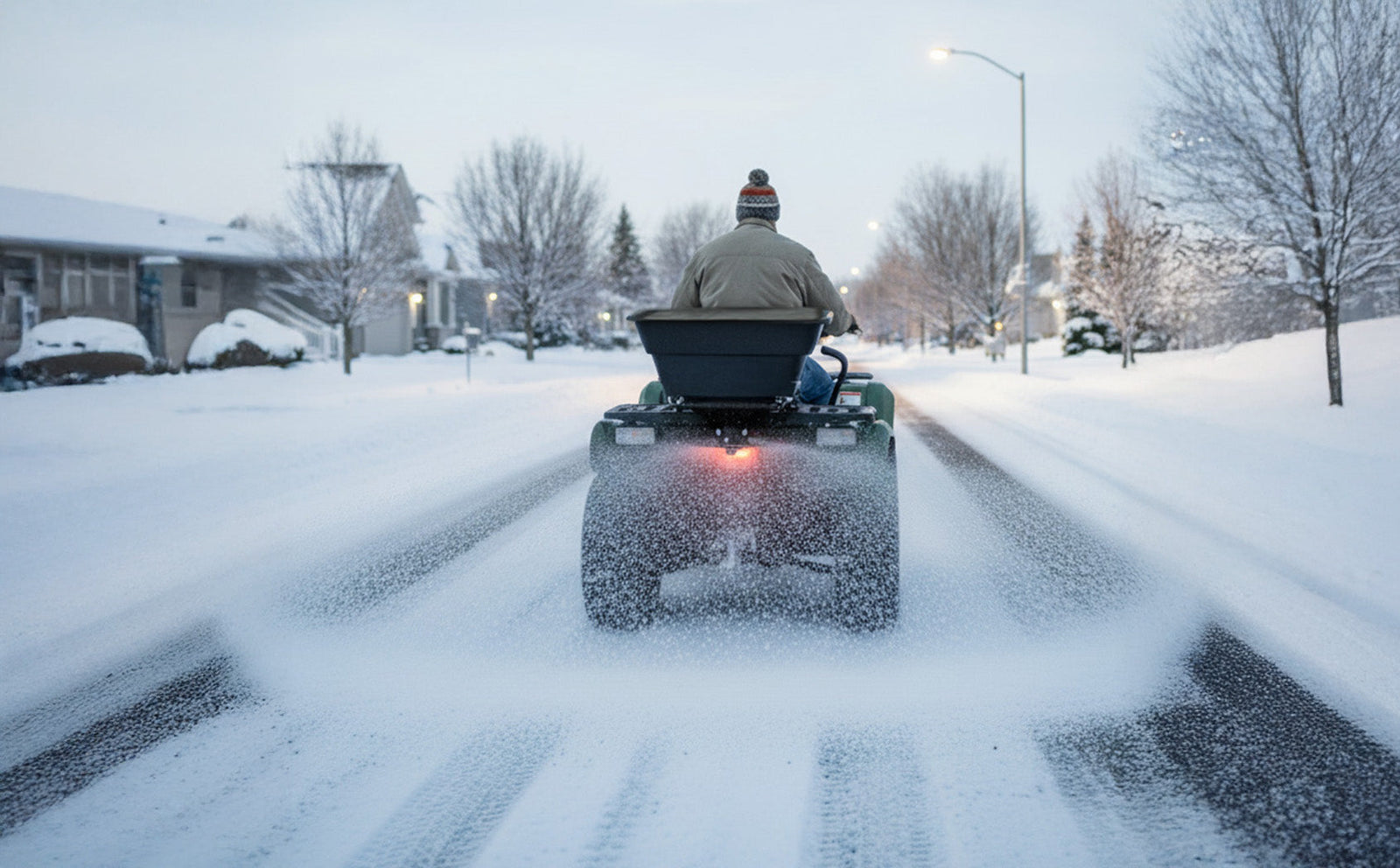 A person on an ATV spreads salt on a snowy street, surrounded by snow-covered houses and trees under a clear winter sky