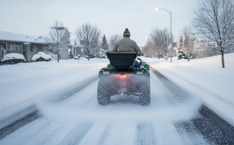 A person on an ATV spreads salt on a snowy street, surrounded by snow-covered houses and trees under a clear winter sky