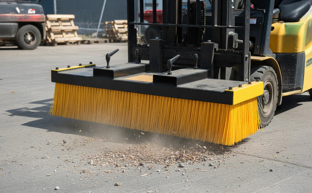 Forklift equipped with a large yellow bristle brush sweeping debris off a concrete surface in a warehouse setting