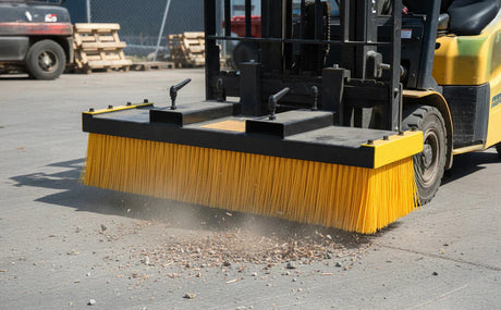 Forklift equipped with a large yellow bristle brush sweeping debris off a concrete surface in a warehouse setting