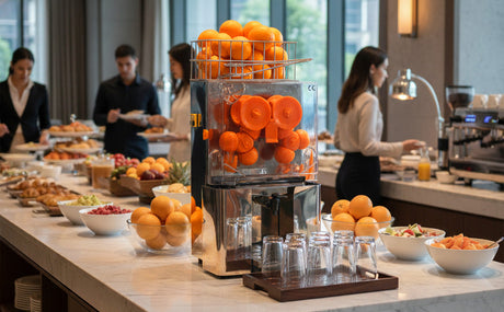 Bright orange citrus juicer prominently displayed on a buffet table, surrounded by fresh oranges, salads, and glassware in a modern setting