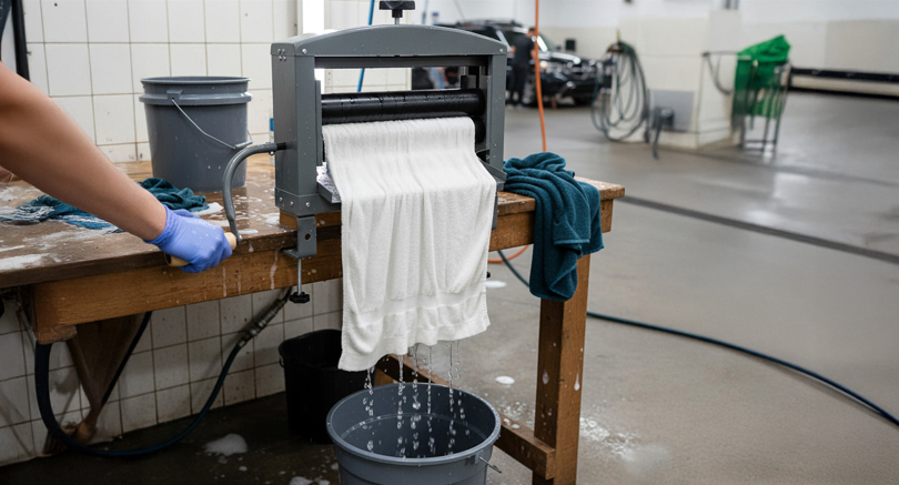 Manual hand wringer extracting water from a white towel, with blue cloths nearby, in a clean, industrial laundry setting