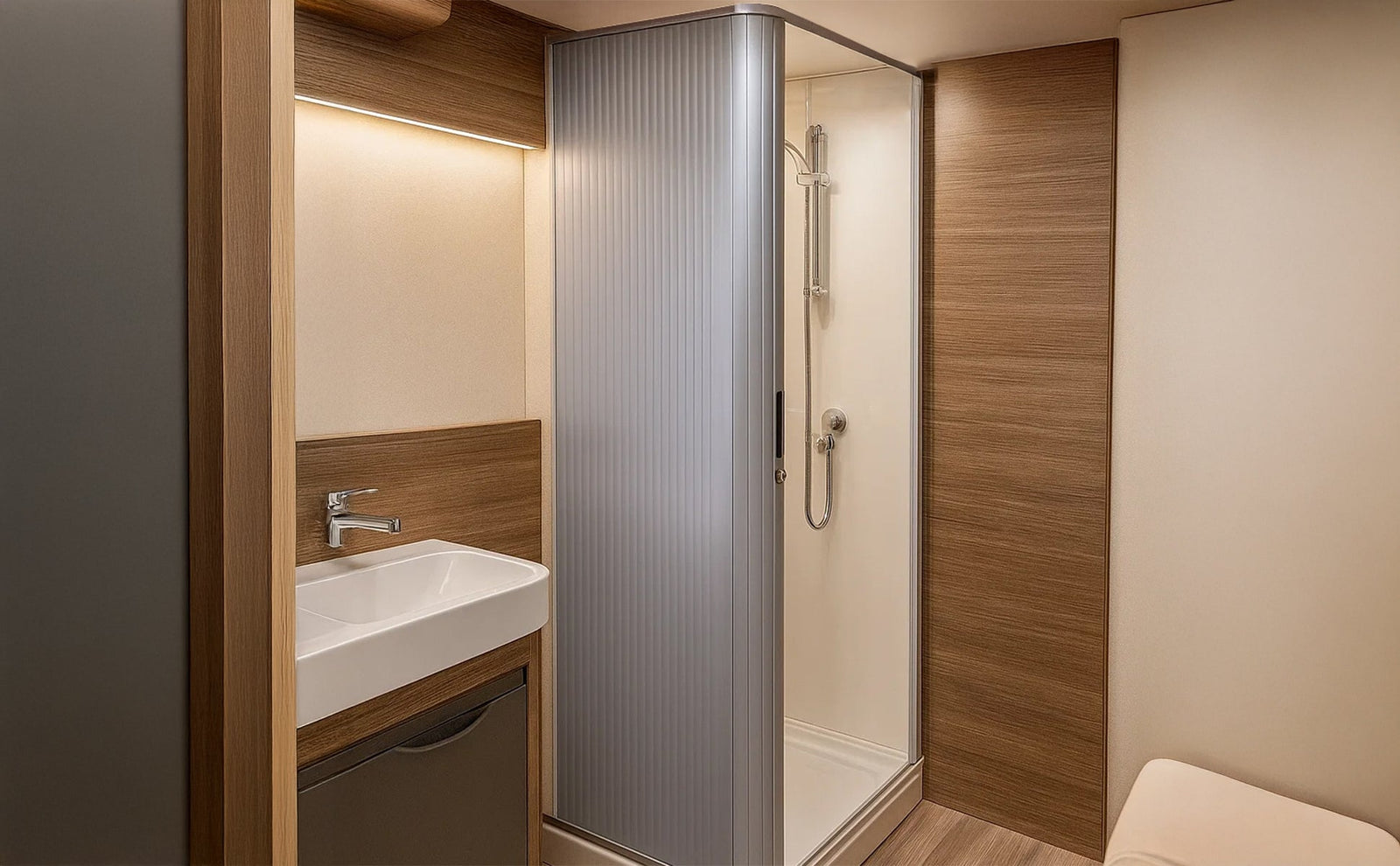 Sleek tambour shower door in a modern campervan bathroom, featuring wood accents, a minimalist sink, and warm lighting