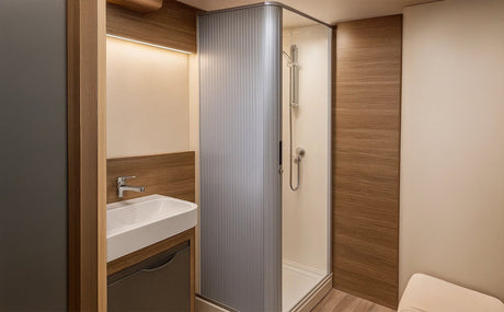 Sleek tambour shower door in a modern campervan bathroom, featuring wood accents, a minimalist sink, and warm lighting