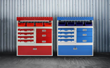 Red and blue van storage units with drawers and bins, featuring a metallic finish and organized compartments for tools and supplies