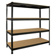 Heavy-duty black storage shelving unit with four sturdy shelves, measuring 160cm wide and 60cm deep, ideal for organizing items