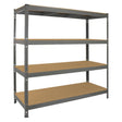 Heavy-duty grey storage shelving unit with four sturdy, brown shelves, ideal for organizing tools and supplies in garages or warehouses