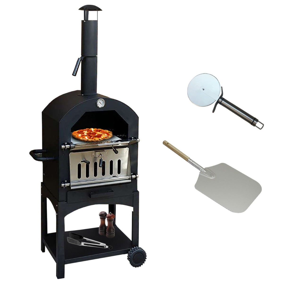 Black outdoor pizza oven with a wood-fired design, featuring a pizza inside, a metal pizza peel, and grilling tools on a sturdy cart
