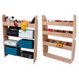 Wooden divider racking with multiple shelves, featuring organized tools, boxes, and accessories in a spacious van interior setup