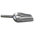 Shiny stainless steel popcorn scoop with a deep, curved bowl and a sturdy handle, ideal for serving popcorn and snacks