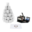 Sublimation mug press with digital display beside a stack of 72 white ceramic mugs, ideal for custom printing projects
