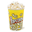 Bright yellow popcorn carton filled with fluffy, buttery popcorn, featuring a playful "Popcorn" graphic and scattered popcorn design