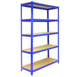 Sturdy blue metal shelving unit with five wooden shelves, measuring 1200mm x 450mm x 1800mm, ideal for storage and organization