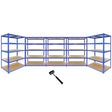 Strong blue metal storage shelves with five tiers, featuring sturdy wooden shelves, ideal for organizing tools and supplies