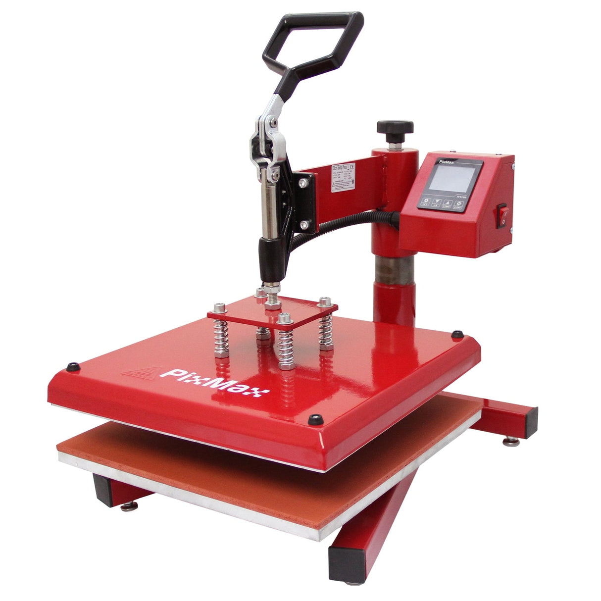 Red heat press machine with a sturdy base, adjustable handle, and digital control panel, designed for vinyl cutting and heat transfer projects