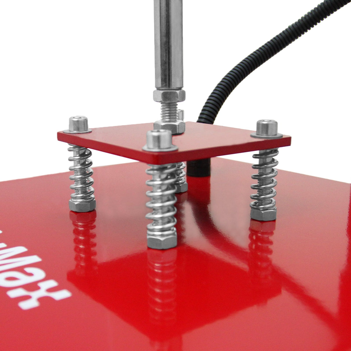 Red heat press with adjustable springs and metal screws, designed for vinyl cutting, showcasing sturdy construction and precision