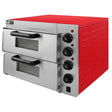 Red and stainless steel KuKoo 16" twin deck electric pizza oven with two glass doors, adjustable temperature knobs, and ventilation slots