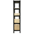 Tall black metal racking unit with five shelves, each measuring 75cm x 150cm x 30cm, featuring a sleek, sturdy design and smooth surfaces