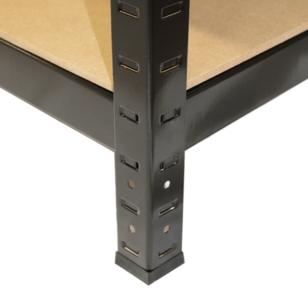 Heavy-duty black metal shelving unit leg with adjustable slots, supporting a sturdy wooden shelf, ideal for storage solutions