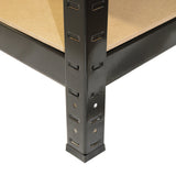 Heavy-duty black metal shelving unit leg with adjustable slots, supporting a sturdy wooden shelf, ideal for storage solutions