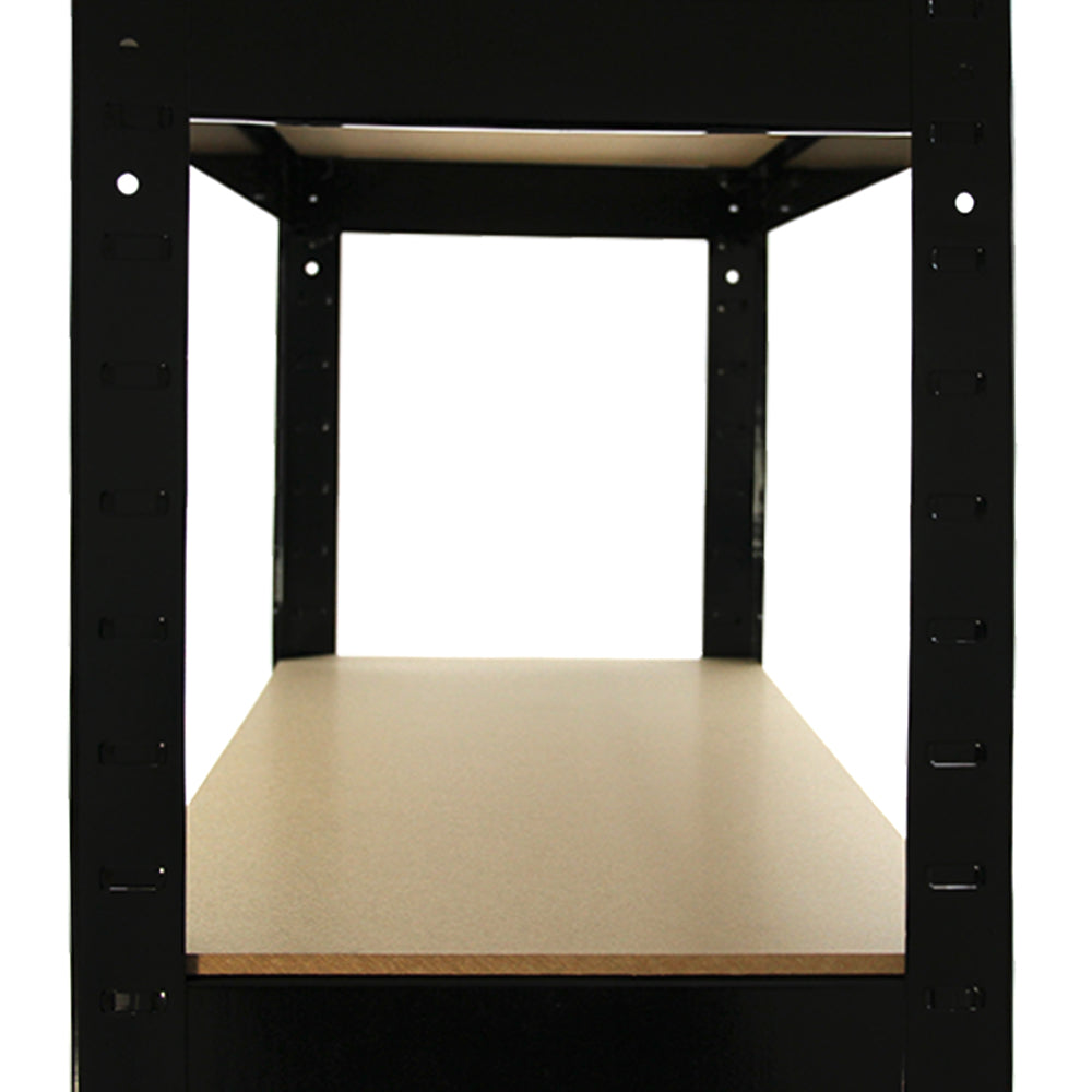Heavy-duty black shelving unit with a smooth wooden shelf, featuring a sturdy metal frame and adjustable height for versatile storage solutions