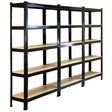 Heavy-duty black shelving units with three sections, each featuring multiple sturdy shelves for storage and organization