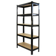 Heavy-duty black shelving unit with five sturdy shelves, measuring 75cm wide and 30cm deep, ideal for storage and organization