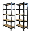 Heavy-duty black shelving units with five sturdy shelves, each measuring 75cm wide and 30cm deep, ideal for storage solutions
