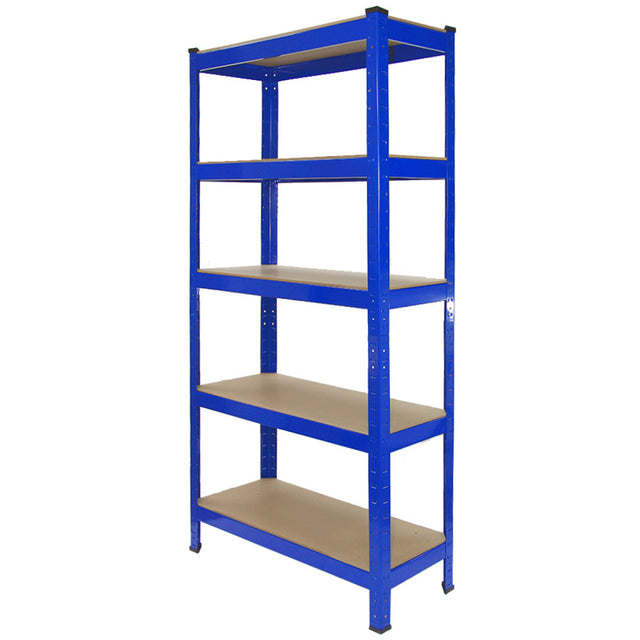 Heavy-duty blue shelving unit with five sturdy shelves, measuring 75cm wide and 30cm deep, ideal for storage and organization