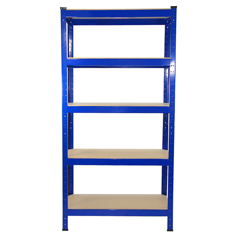Heavy-duty blue shelving unit with four sturdy shelves, measuring 75cm wide and 30cm deep, ideal for storage and organization