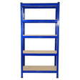Heavy-duty blue steel shelving unit with five tiers and sturdy beige shelves, ideal for garage or warehouse storage solutions