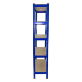 Heavy-duty blue shelving unit with four sturdy shelves, each 75cm wide and 30cm deep, designed for efficient storage and organization