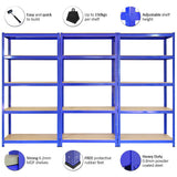 Heavy-duty blue shelving unit with six adjustable MDF shelves, capable of holding up to 150kg per shelf, featuring rubber feet for stability