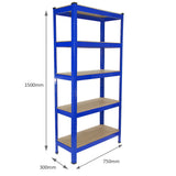 Heavy-duty blue shelving unit with five sturdy shelves, measuring 75cm wide and 30cm deep, ideal for storage and organization