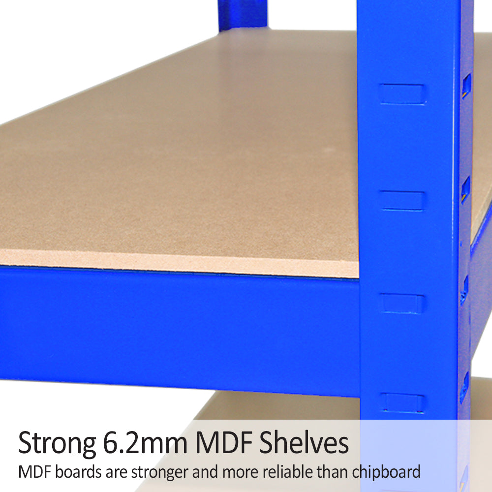 Heavy-duty blue shelving unit with strong 6.2mm MDF shelves, showcasing a sturdy design ideal for storage and organization