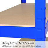Heavy-duty blue shelving unit with strong 6.2mm MDF shelves, showcasing a sturdy design ideal for storage and organization