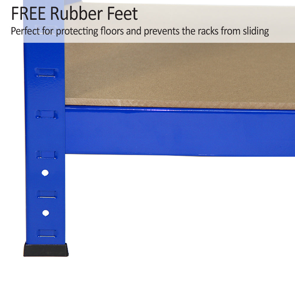 Heavy-duty blue shelving unit with rubber feet, designed to prevent sliding and protect floors, showcasing sturdy metal construction