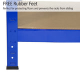 Heavy-duty blue shelving unit with rubber feet, designed to prevent sliding and protect floors, showcasing sturdy metal construction