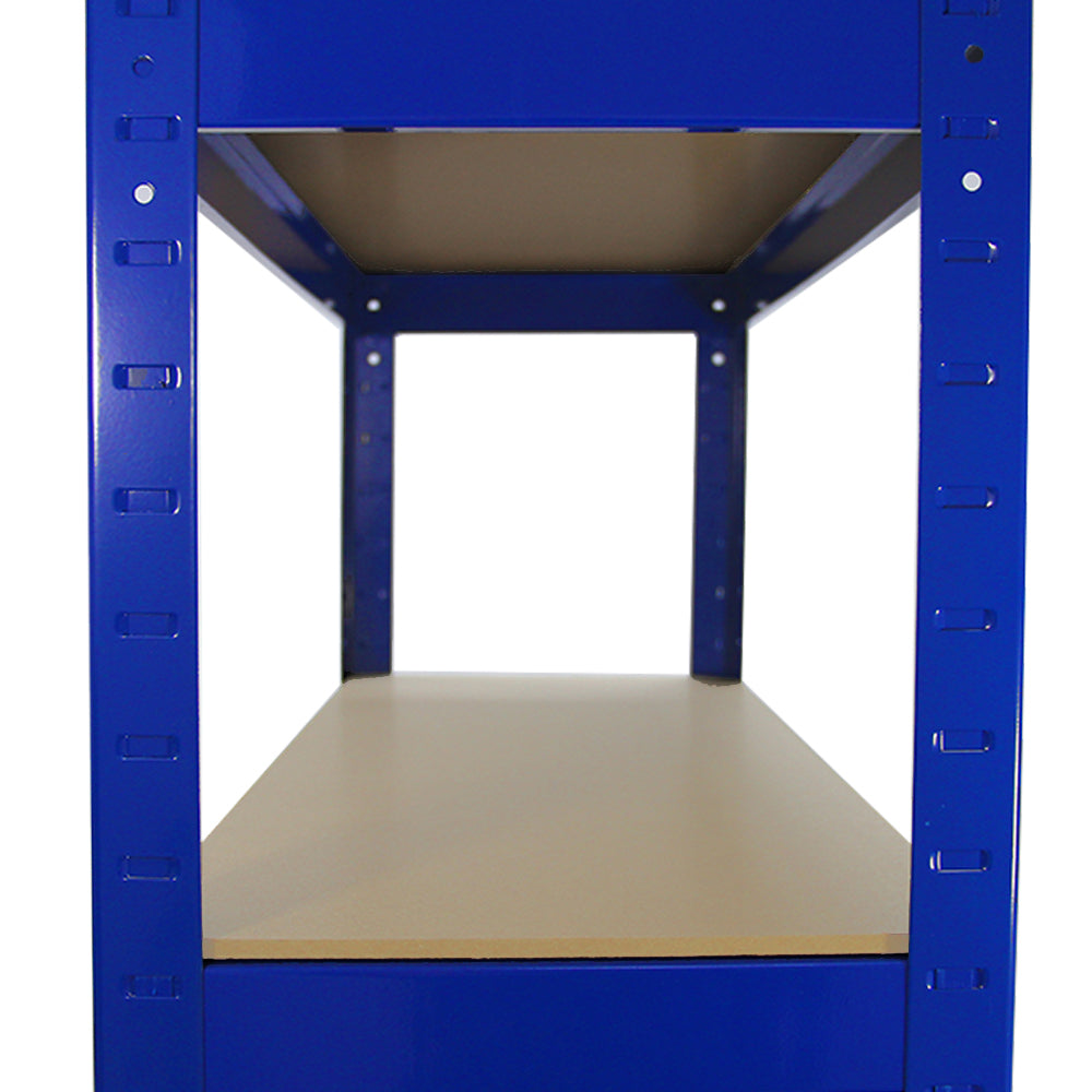 Heavy duty blue shelving unit with two sturdy shelves, featuring a smooth beige surface and robust metal frame for durability
