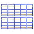 Heavy-duty blue shelving units arranged in two rows, featuring multiple shelves for storage, ideal for organizing spaces