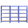 Heavy-duty blue shelving units with multiple wooden shelves, designed for storage, featuring a sturdy metal frame and ample space