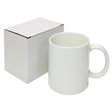 Set of 72 white 11oz ceramic mugs next to plain white gift boxes, showcasing smooth surfaces and a classic design ideal for customization