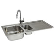 Sleek stainless steel sink with dual basins and a vibrant rainbow-colored tap, featuring a modern, flexible spout and textured surface