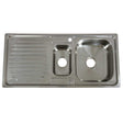 Premium stainless steel kitchen sink with a polished finish, featuring two basins and a textured drainboard for efficient use